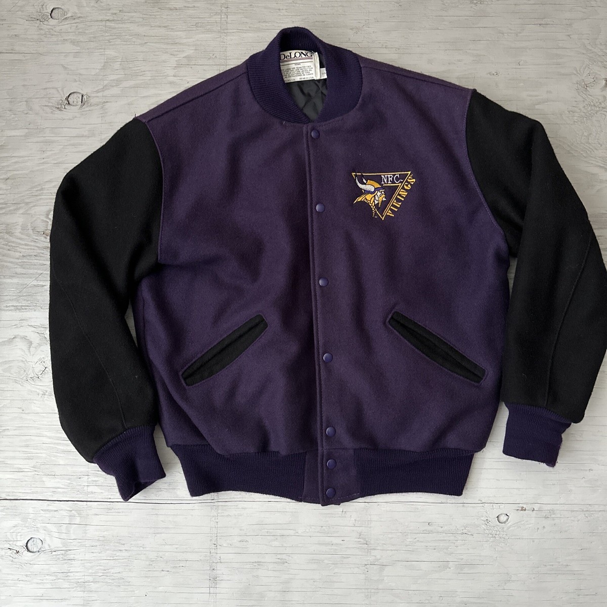 Vintage NFL Minnesota Vikings DeLONG Wool Button Up Varsity Jacket