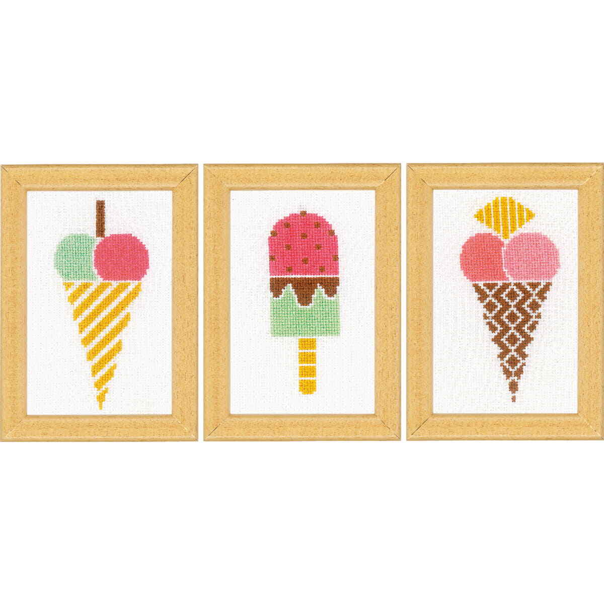 Vervaco counted cross stitch kit ""Ice creames"" Set of 3, 8x12cm, DIY