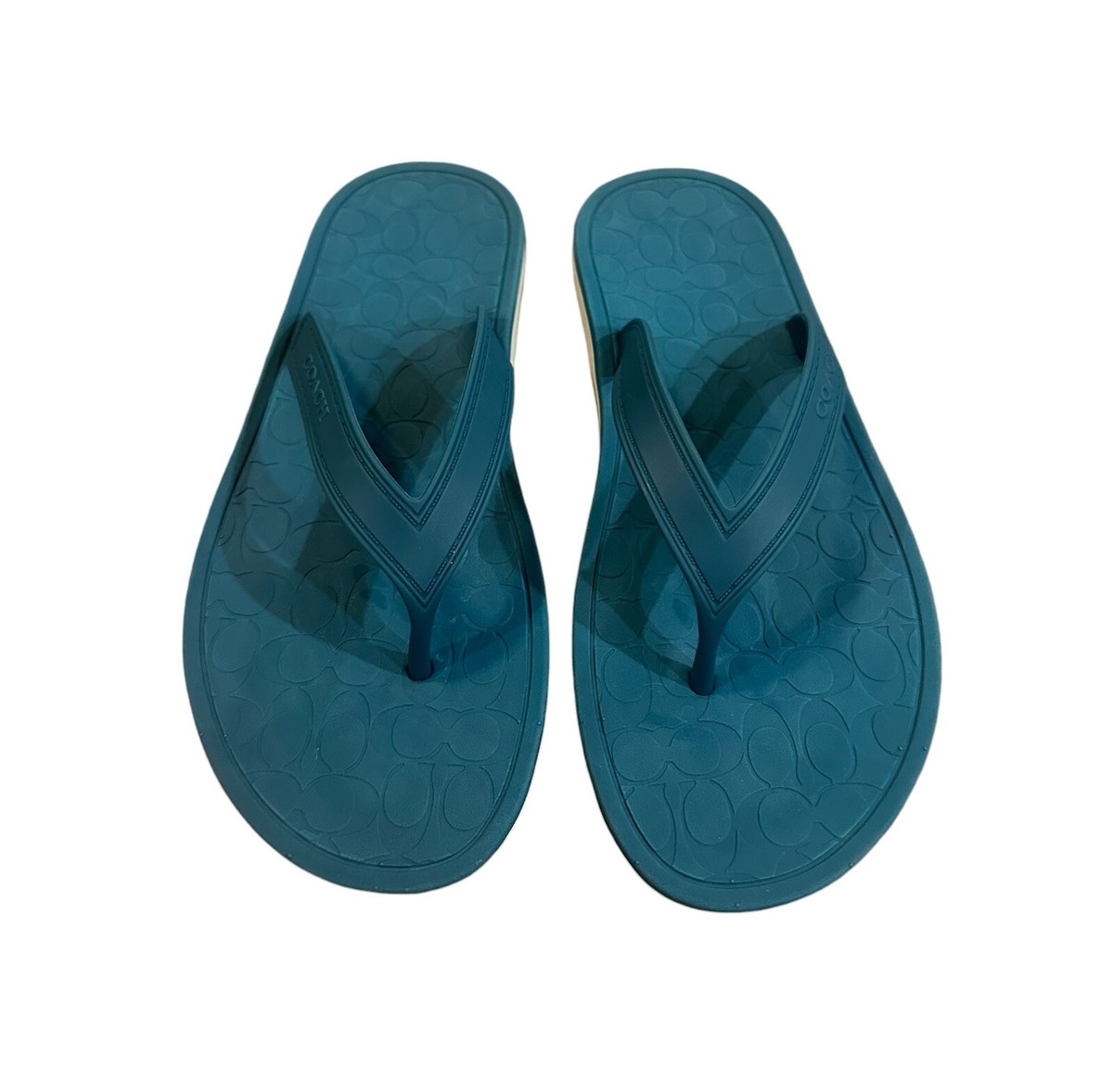 Coach Logo Flip Flops Sandals Rubber Slides Teal Blue Women's Size