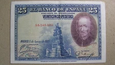 P-74a Spain 25 Pesetas Banknote 1928, Rare P-74a Series A6, a nice Choice VF+