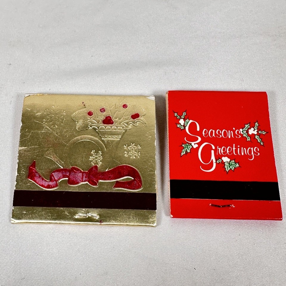 Vintage Merry Christmas Happy Holidays Matchbook Matches Set of 2 Red