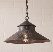 Shopkeeper Tin Shade Hanging Pendant Light in Kettle Black. Country Light