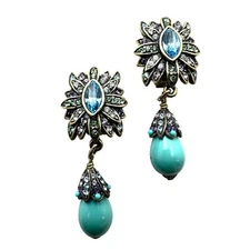 Heidi Daus Multicolor Crystal Turquoise Bronze Clip Earrings Chandelier 2 Inch