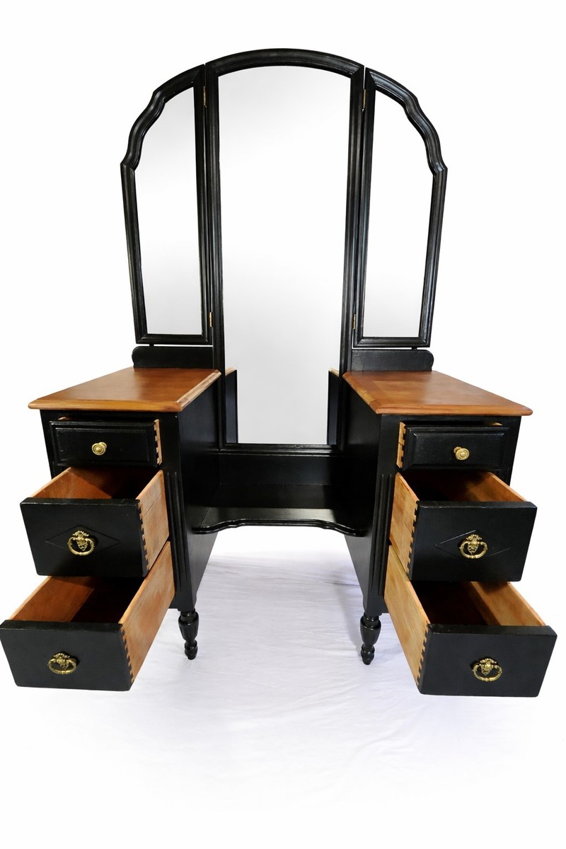 antique black dressing table Amazon.com: Black Makeup Vanity Desk with Arched Mirror and Upholstered Stool, Vintage Makeup Table Set, Girls Vanity Table with 2 Sliding Drawers : Home & Kitchen