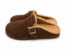 Women s Brown Suede Clog Slippers Faux Fur Lined Buckle Strap Size 9.5