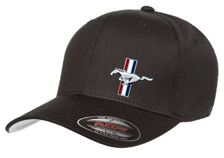 Ford Mustang Car Logo Cap DTF Black 5001 Flexfit Baseball Hat S/M and L/XL