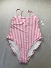 Old Navy One Piece Swimsuit Womens Large Pink White Striped Shelf Bra NWT