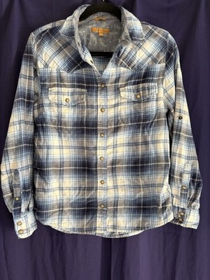 JACHS Girlfriend Blue Plaid Cotton Flannel Shirt Small Snap Front Paisley Beach