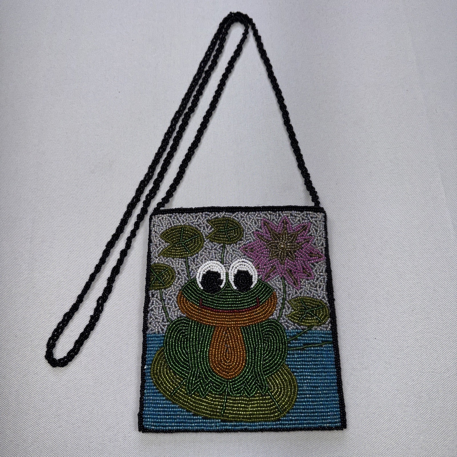 Vintage Ermo Beaded Frog Crossbody Purse Whimsical Lily Pad Cottagecore Bag Y2K