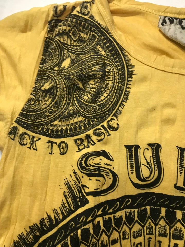 Camiseta masculina tibetana Sure Om amarela ioga algodão enrugado hippie pequena - Imagem 4 de 4