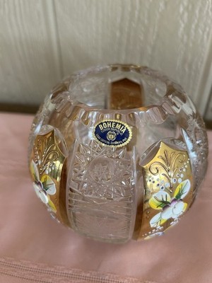 Vintage Bohemian Czech 24%PbO Lead Hand Cut Crystal Bowl Gold /Colorful Flowers 