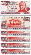 Argentina 10000 10,000 Pesos, 1976 - 1983, UNC, 5 Pcs Consecutive LOT, P-306b