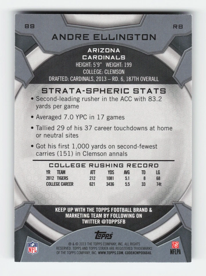 2013 Topps Strata Sapphire #89 Andre Ellington SN,RC #/50 Near Mint or Better - Image 2 of 2