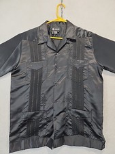 El Norteno Western Wear Guayabera Shirt Mens L Embroidered Black Mexican Wedding