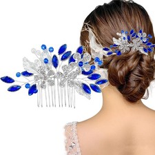 Blue Flower Rhinestone Bridal Hair Comb Crystal Hair Piece for Women Girls