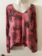 HARD TAIL Top SZ S Long Sleeve V Neck High Low Hem Burn Out Floral USA made