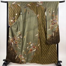 JAPANESE KIMONO FURISODE GRAY-GREEN 164cm 5 ft 5 in PURE SILK B0845