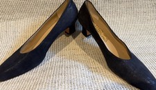 Ferragamo Blue Suede Solid Almond Toe Slip On Pumps Logo Accent 10 AA DE26341