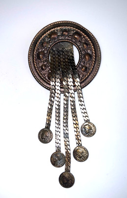 Vintage Korean Circular  Pin  Broch With Coins and Snake Chains