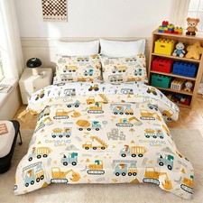 5-Piece Construction Vehicle Bedding Set Twin, Boys Cartoon Cars Excavator Co...