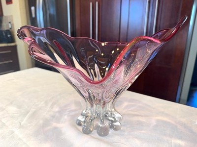 Vintage Large Hand Blown MURANO Fluted Centerpiece Glass Bowl Pink Cranberry MCM