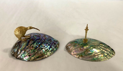 Pair Vintage Made by ARIKI New Zealand Kiwi Bird and Tower Paua Shell Figurines