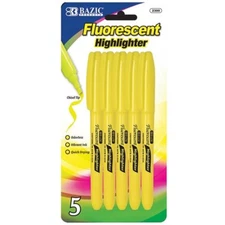 BAZIC Yellow Pen Style Fluorescent Highlighter w/ Pocket Clip (5/Pk)