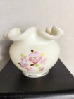 Vtg Fenton Pink Flowers Satin Custard Glass Ruffled Vase Rose Signed NJ Gribble