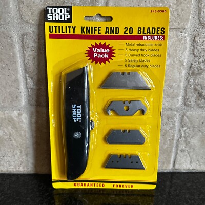 NEW Tool Shop U Utility Knife w/ 20 Blades Heavy Duty Curved Hook Safety Regular