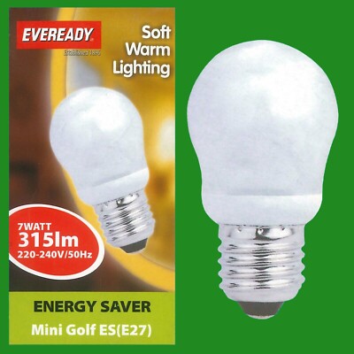 4x 7W (=25W) Mini Golf Ball Round G45 CFL ES E27 Light Bulb, Edison Screw, Lamp