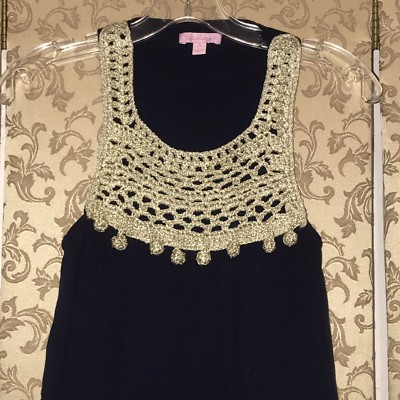lilly pulitzer navy crochet dress Lilly Pulitzer Navy Blue Gold Multi-Color Pom Crochet RACHELLE Shift Dress S