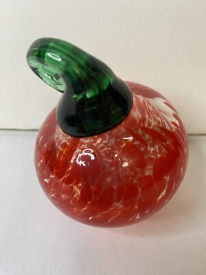 Blown Glass Tomato Or Pumpkin Red To Orange Color Green Stem Signed On Bottom