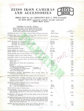 Vintage 1956 Zeiss IKON Cameras  Accessories Price List