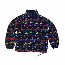 LL Bean Polartec Fleece 1/4 Snap Pullover Jacket PEACE IN EARTH REINDEER L