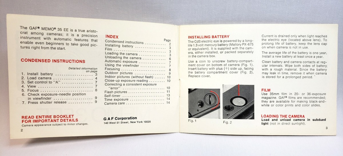 Guide D'instructions GAF MEMO 35EE – Pour Appareil Photo Compact, État Correct