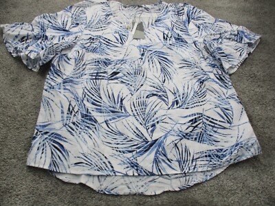 Katies Blouse 18 Short Sleeve Round Neck Linen Floral White/Blue New