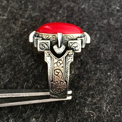 Silver Mens REAL Coral Ring natural stone Artisan engraved Jewelry