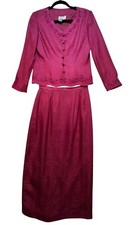 Papell Petites 2-Piece Silk Skirt Suit Set Size 6P Fuchsia
