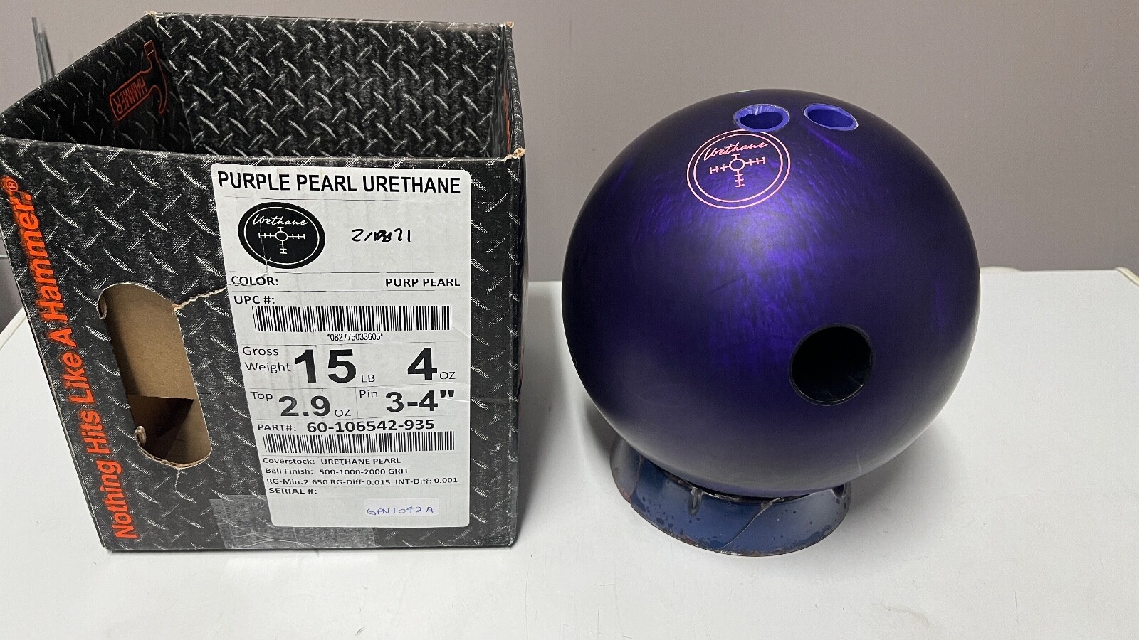 15lb Hammer Purple Pearl Urethane Bowling Ball Lefty Drill JOPO