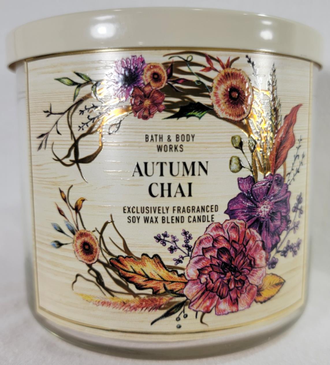 Candela Bath Body Works AUTUMN CHAI 3 stoppini barattolo 14,5 oz cannella vaniglia caramello