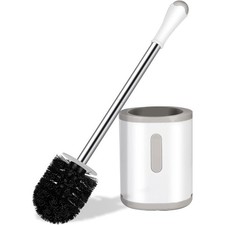Compact Toilet Brush  Holder Stainless Steel Handle Space Saving Deep Cleaning