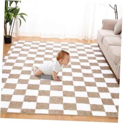 Super Soft Rug for Bedroom, 5x7 Ft Beige and White Area Rug Classic Checkered 