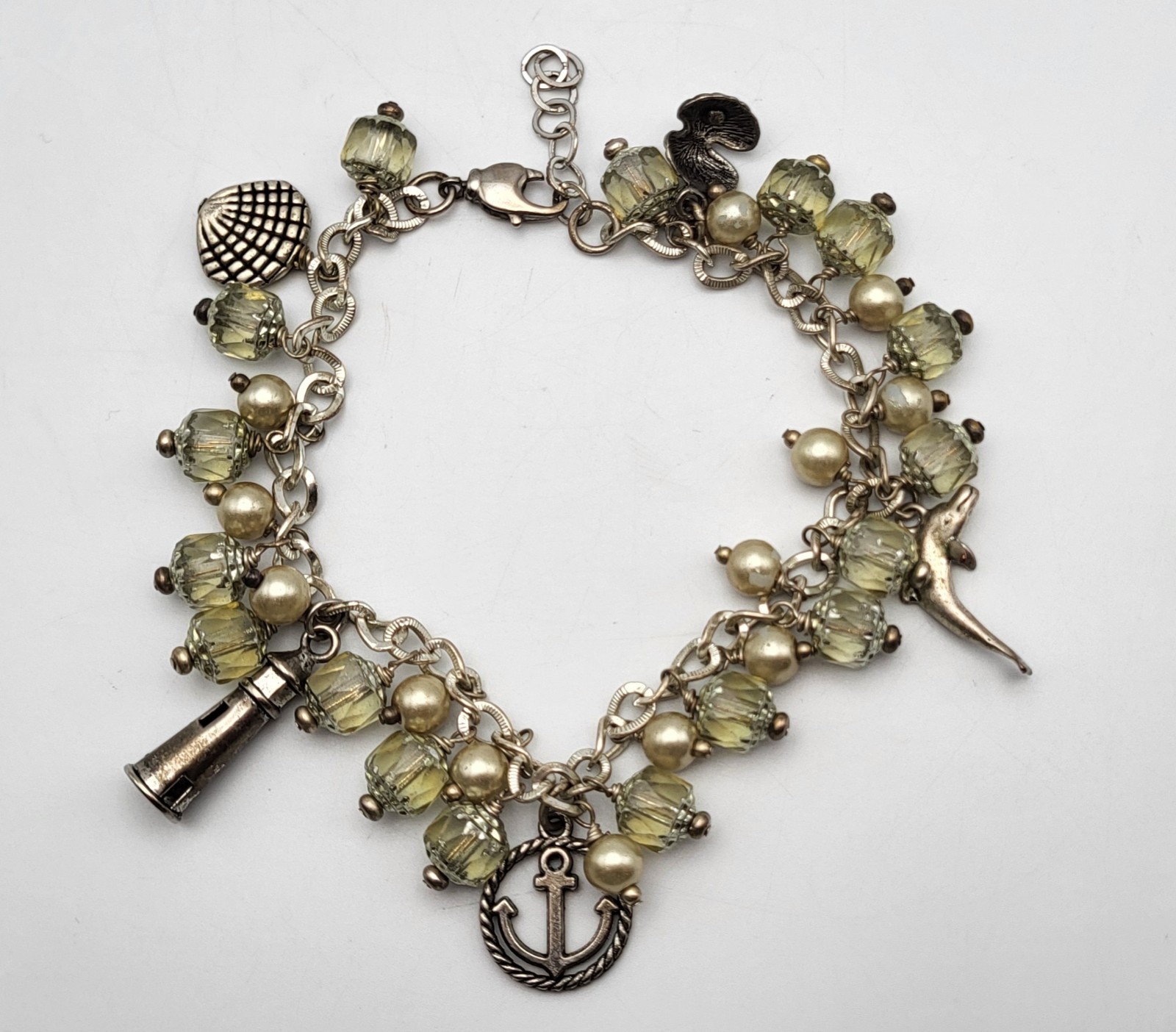Nautical Charm Bracelet Vintage Beads & Faux Pearls Silver Tone Ocean Jewelry