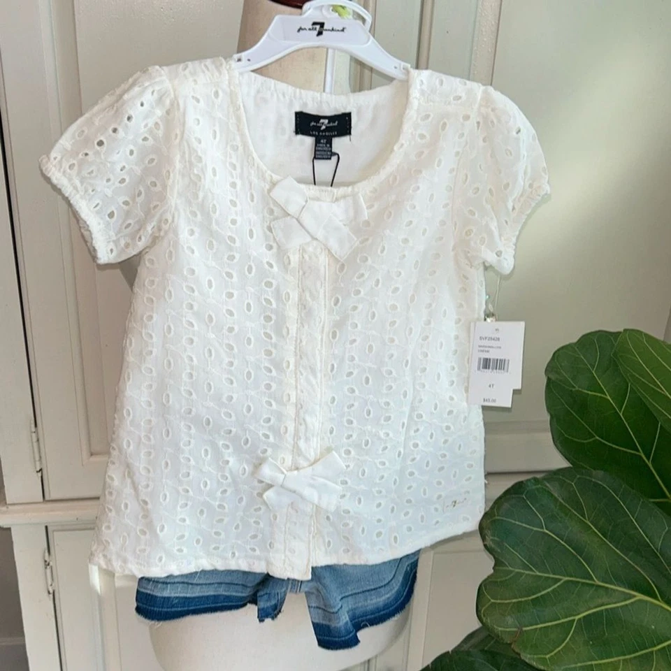 NEW 7 for all Mankind Toddler Set: Eyelet Top w/ Jean Shorts Size 4T Foto 2 de 4