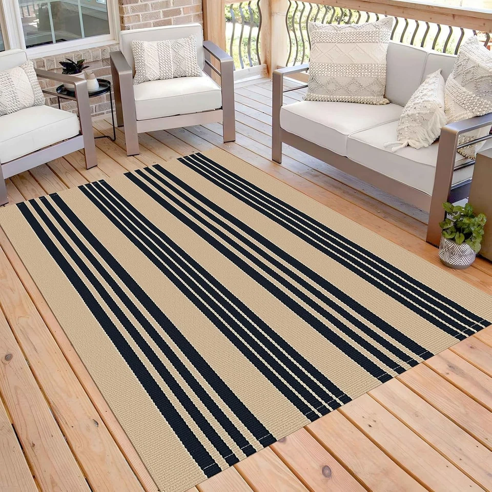 Versátil alfombra de algodón tejida a mano marrón y negra 5x7 pies - uso en interiores/exteriores Foto 4 de 4