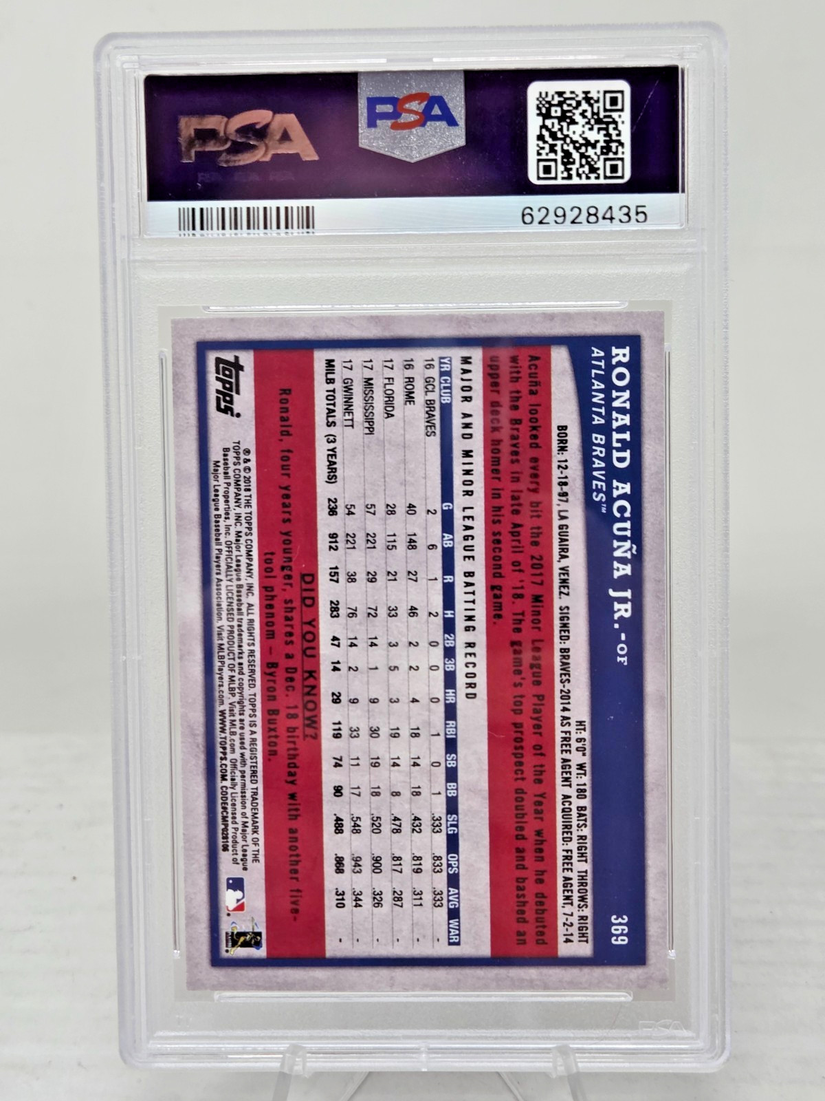 2018 Topps Big League RONALD ACUNA JR RC Rookie Baseball Card  PSA 10 GEM MINT view 2