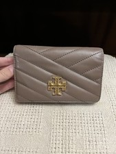 Tory Burch Kira Chevron Bi-Fold Mini Wallet Taupe Quilted Leather