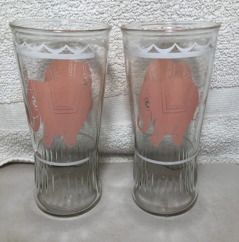 2 Vntg MCM Anchor Hocking Pink Elephant Jelly Jar Glasses Tumblers EX Gift