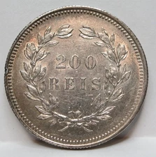 PORTUGAL Kingdom 200 reis 1892 XF Silver King Carlos I Scarce Wreath #C64