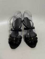 Vtg Chanel Black Leather Star Sandal Heels 36